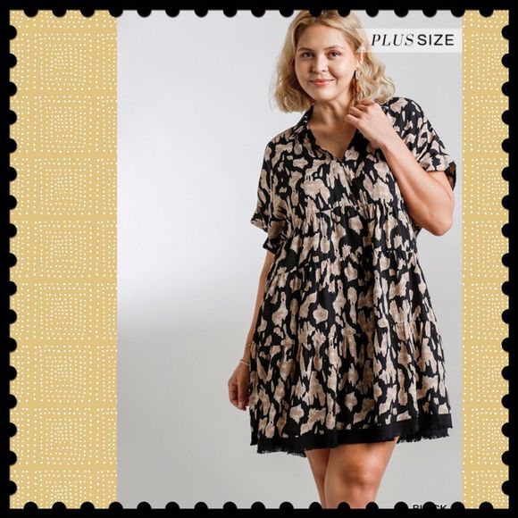 Umgee Dresses & Skirts - Animal Print Dress Black Beige Collared Split Neckline, Size XL, NWT